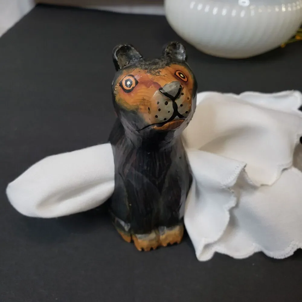 Farmhouse Primitive Hand Carved Wooden Black Bear Napkin Holders Rings Set of 4